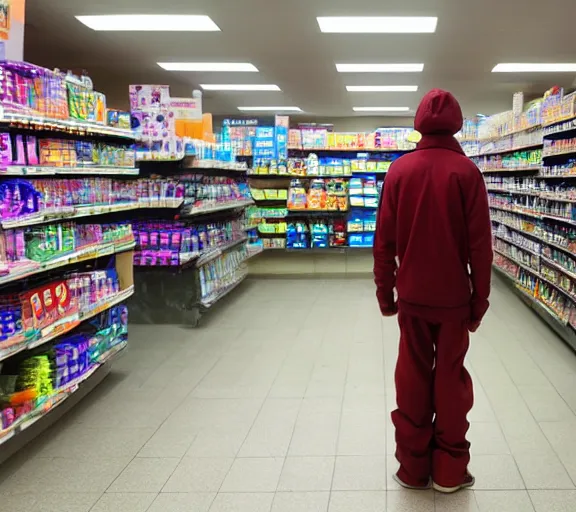 Prompt: a posthuman android with a shopping bag, standing in a line to the cash register in a convenience store, 4 k award winning photo