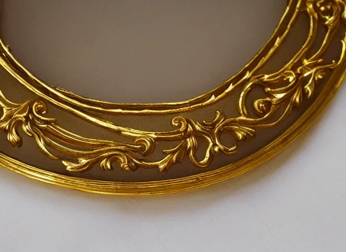 Image similar to beautiful baroque oval portrait picture frame, royal, gilded with gold, magical, fantasy, metallic, product catalog photography, flat photography
