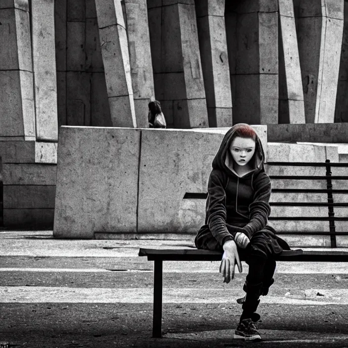 Prompt: storyboard : sadie sink in hoodie sat down on bench in ruined square, pedestrians walk by, old soviet monument nearby. scifi cyberpunk. by gabriel hardman. cinematic atmosphere, detailed and intricate, perfect anatomy