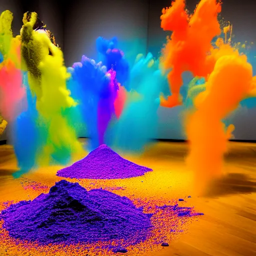 Prompt: photo of color powder explosion in art gallery, metropolitan museum of art, hellenistic sculptures, particles, fine detail