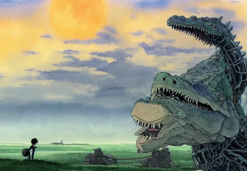 Prompt: a hyperrealist watercolor concept art from a studio ghibli film showing a giant grey mechanized crocodile from howl's moving castle ( 2 0 0 4 ). stonehenge is under construction in the background, in the rainforest on a misty and starry night. by studio ghibli