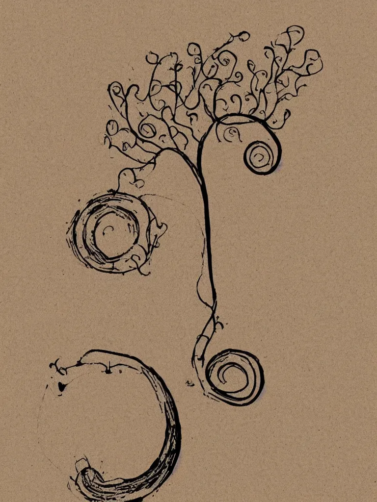 Image similar to minimal single line drawing of an acorn growing into a tree in shape of treble clef, splash of color, vintage illustration