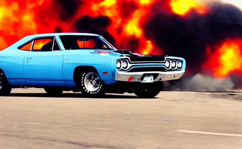 Image similar to a blue 1 9 7 0 plymouth road runner superbird driving high speed, fire explosion in the background, action scen. low camera realistic. high resolution. dramatic