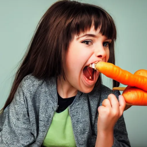 Image similar to a girl with a big teeth and she's eating a carrot photo - realistic