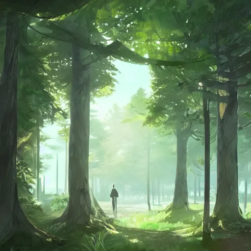 Image similar to concept art painting of trees with doors and windows, walkways between trees, in a deep forest, realistic, detailed, cel shaded, in the style of makoto shinkai and greg rutkowski and james gurney