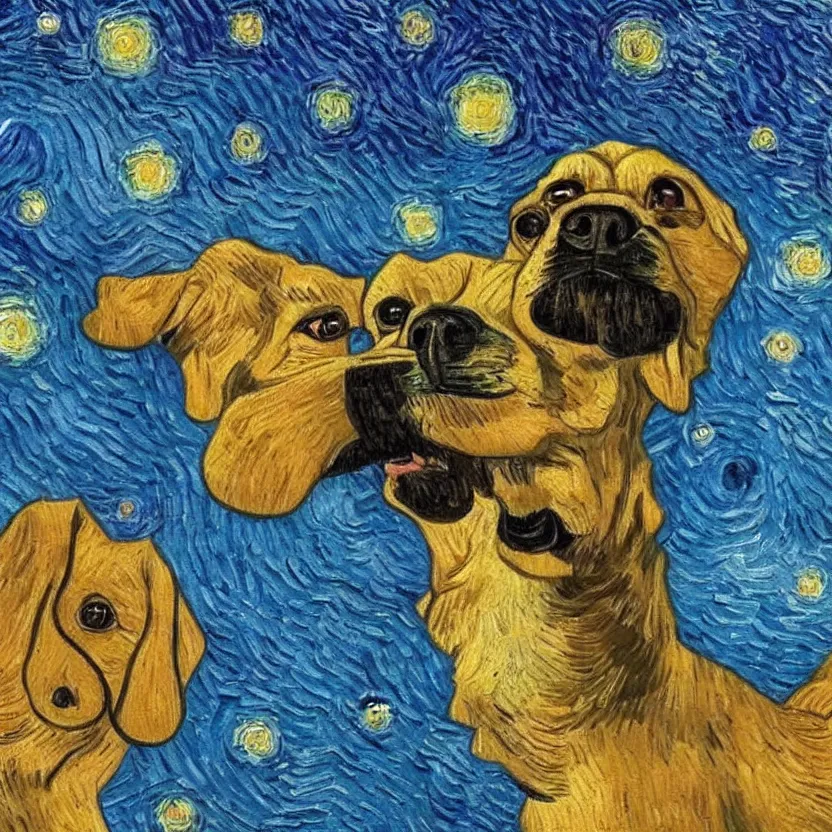 Image similar to An oil painting of a dog in the style of Starry Night; oil painting by Vincent van Gogh