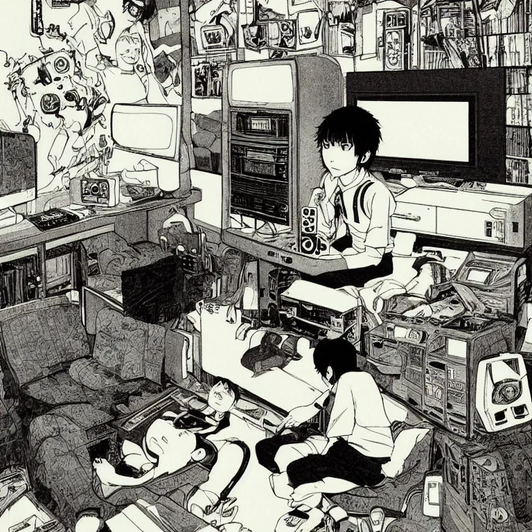 Image similar to manga illustration of teenager playing video games inside creepy 1 9 8 0's living room basement by katsuhiro otomo, kentaro miura, satoshi kon