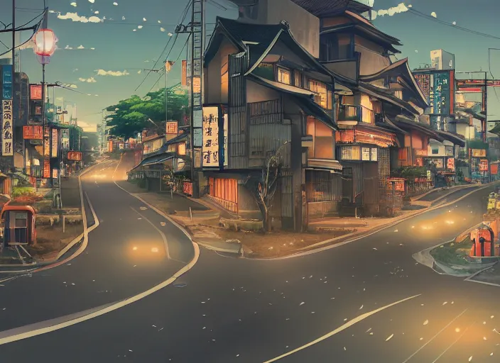 Prompt: japanese suburban road, anime fantasy illustration by tomoyuki yamasaki, kyoto studio, madhouse, ufotable, square enix, cinematic lighting, trending on artstation