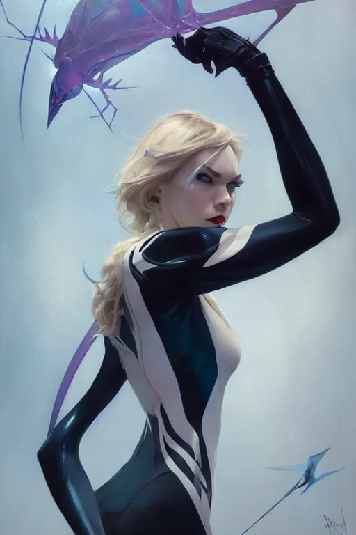 Image similar to elegant spider gwen aeon flux profile picture by greg rutkowski, dynamic pose, intricate, futuristic, fantasy, elegant, by stanley artgerm lau, greg rutkowski, thomas kindkade, alphonse mucha, loish, thierry mugler, norman rockwell,