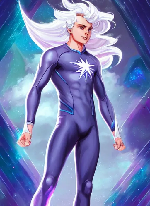 Image similar to full body portrait of quicksilver as a magical star guardian. detailed face, concept art, intricate, highly detailed 8 k, smooth, sharp focus, beautiful and aesthetic shape of face and body, artgerm, artstation, art by zexi guo and nira and junpei suzuki and gharliera and rinotuna