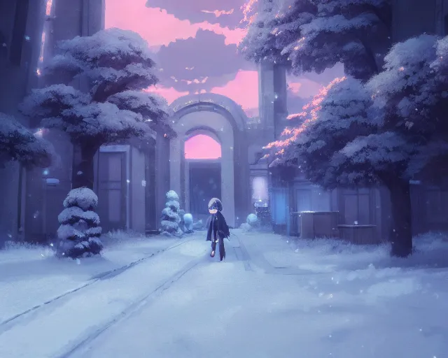 Image similar to scenery artwork, scene beautiful, light!! light essential calm and cozy winter world snow and night, surrealism oil on canvas, artstation!! pixiv!! dream scenery, quality studio ghibli projection render, nier automata concept art, vaporwave textures