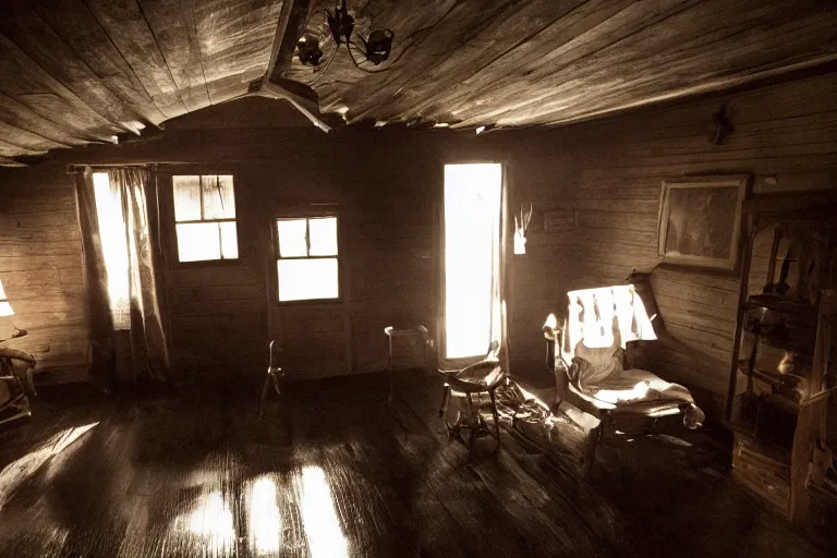 Prompt: film still of a six legged monster clinging to the ceiling of an old cabin's living room, horror movie, eerie, creepy, dark, amazing lighting, great cinematography, directed by scott derrickson