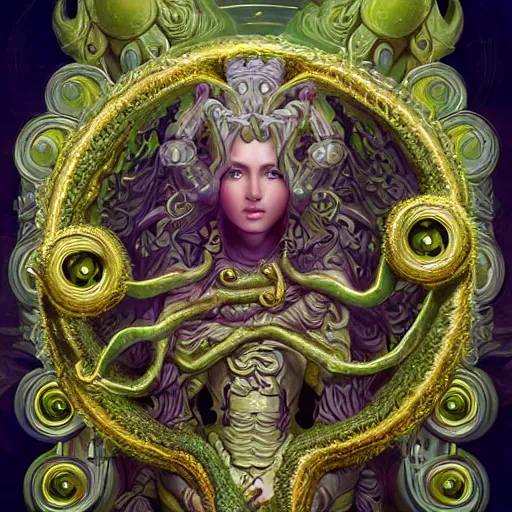 Image similar to ultradetailed ornate sci-fi RPG illustration of a beautiful symmetric Medusa radiating a glowing aura wearing a roots flower armor with much decorum, digital airbrush painting, 3d rim light, hyperrealistic masterpiece, artstation, cgsociety, kodakchrome, golden ratio