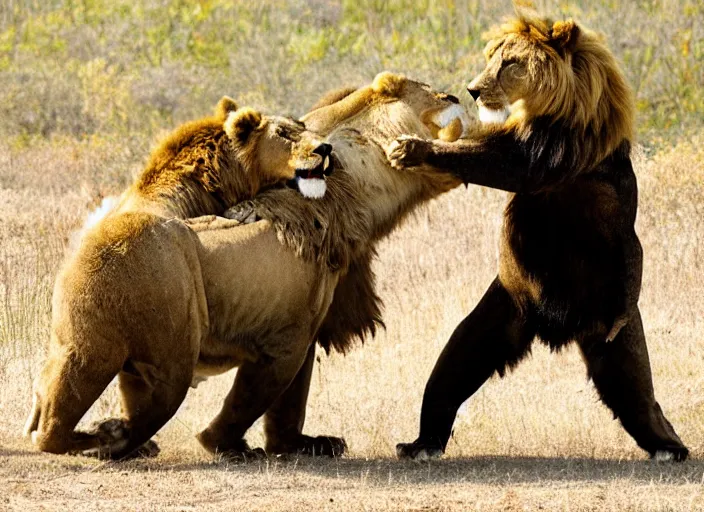 Prompt: a lion fighting a bear