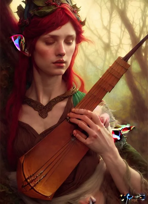 Image similar to forest elf bard playing lute, full body, hyper realistic, extremely detailed, dnd character art portrait, dark fantasy art, intricate fantasy painting, dramatic lighting, vivid colors, deviantart, artstation, by edgar maxence and krenz cushart and artem demura and john williams waterhouse