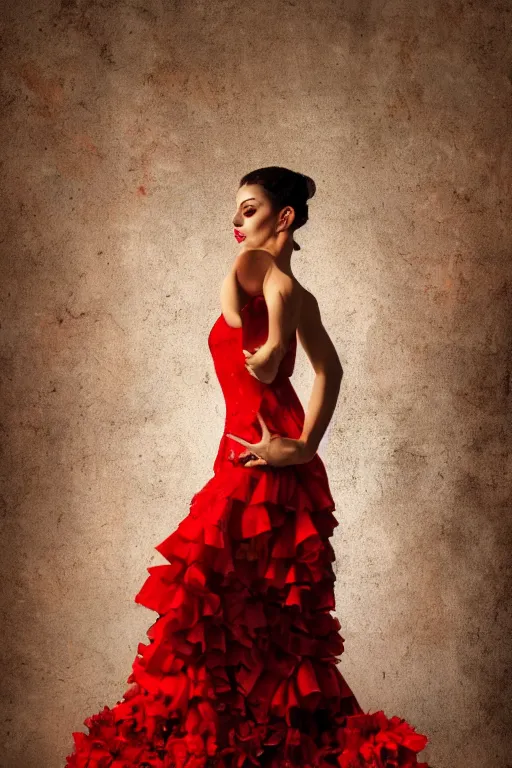 Prompt: detailedoil painting of spanish flamenco dancer in mallorca wearing a red dress made of flowers, dimly lit by candles on the ground, looking away, dark shadows, photo realistic, extreme detail skin, no filter, slr, 4 k, high definition