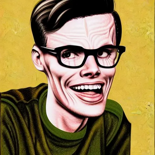 Image similar to A 1950s Style Comic-Like Drawing of iDubbbz, grainy, realistic, hyperrealistic, very realistic, very very realistic, highly detailed, very detailed, extremely detailed, detailed, digital art, trending on artstation, detailed face, very detailed face, very detailed face, realism, HD Quality, 8k resolution, intricate details, body and head in frame, drawing, inked drawing, comic drawing, neat drawing, 1950s, 50s, in the style of Frank Hampson, in the style of Frank Bellamy, in the style of Dave Gibbons, in the style of Don Lawrence, in the style of Wally Wood