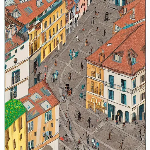 Image similar to isometric view illustration of a medieval Marseille street corner, highly detailed, mid day by Victo Ngai