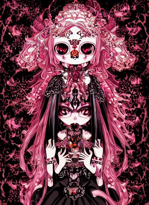 Image similar to baroque bedazzled gothic royalty frames surrounding a pixelsort emo demonic horrorcore japanese yokai doll, low quality sharpened graphics, remastered chromatic aberration spiked korean bloodmoon sigil stars draincore, gothic demon hellfire hexed witchcore aesthetic, dark vhs gothic hearts, neon glyphs spiked with red maroon glitter breakcore art by guro manga artist Shintaro Kago