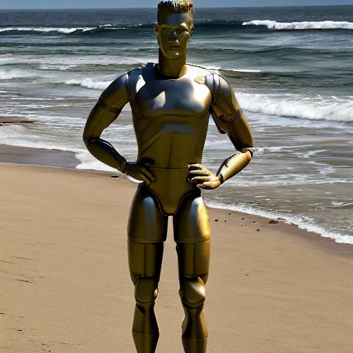 Image similar to a realistic detailed photo of a guy who is an attractive humanoid who is half robot and half humanoid, who is a male android, football player christian mccaffrey, shiny skin, posing like a statue, blank stare, by the beach, on display