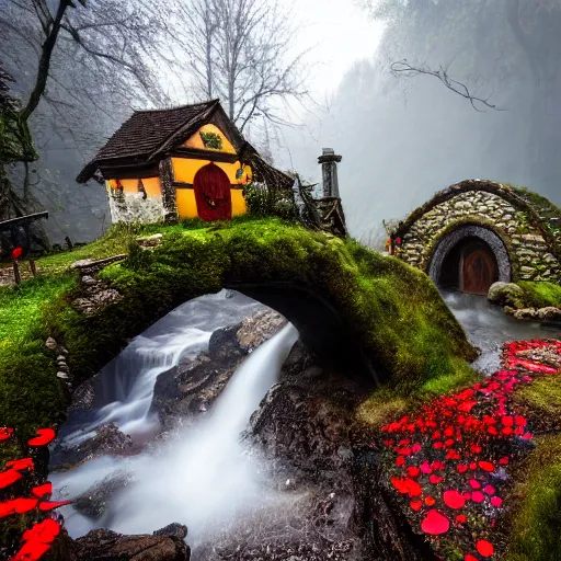 Image similar to spring festival at medieval hobbit village, ornate, beautiful, atmosphere, vibe, mist, smoke, fire, chimney, rain, wet, pristine, puddles, waterfall, melting, dripping, snow, creek, moss, ice, bridge, rainbow, cobble, jungle, roses, flowers, color page, 4 k, contest winner