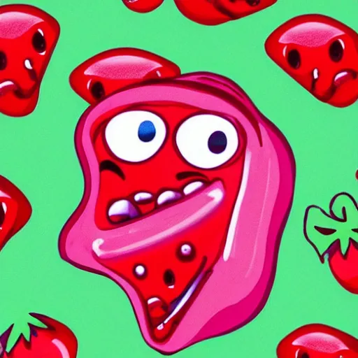 Image similar to a cute strawberry character with two front teeth, holding a yellow toothbrush, in the style of victor moscoso