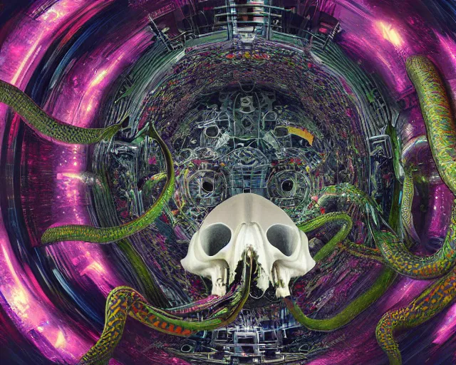Image similar to hyperdetailed maximalist artwork by billelis inspired by oozium. Artstation. 8k 4k 64megapixels seen from below. Ant's eye perspective. Focus Giant floating alabaster skull drapped over with 1000 twirling emerald snakes. Unreal engine 5. Surreal render. Slightly blurry speedpainted minimal Swiss landscape below in the style of loish and holosomnia. Unrealistic harmonic colors. Sundown.