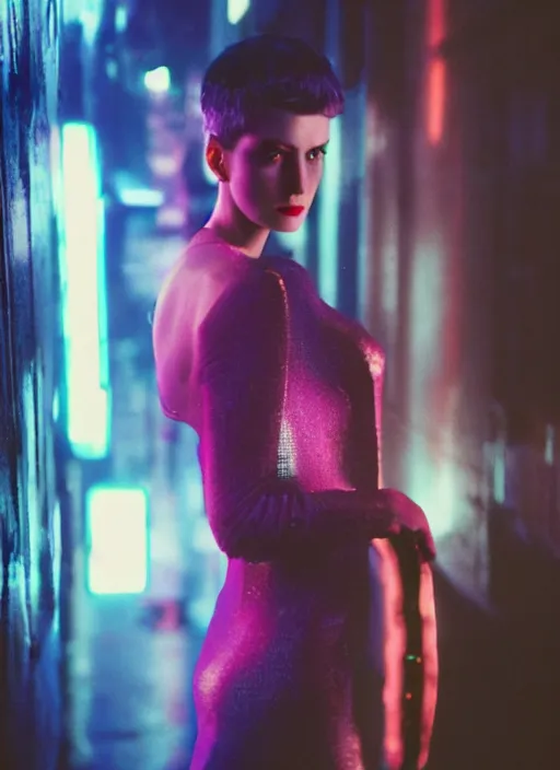 Prompt: A hyper realistic and detailed head portrait photography of a Rachael of Blade Runner wearing a translucent, shimming dress on a futuristic street. by Annie Leibovitz. Neo noir style. Cinematic. neon lights glow in the background. Cinestill 800T film. Lens flare. Helios 44m