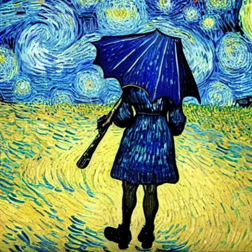 Image similar to girl with an umbrella girl with an umbrella. a walk inside a van gogh painting is a starry night. inside the painting. see everything from the inside. clearly detailed. dramatic.