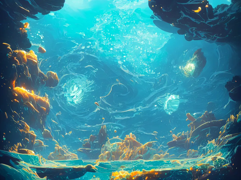 Prompt: kingdom of atlantis, sea flora storm, by petros afshar, ross tran, peter mohrbacher, tom whalen, shattered glass, bubbly underwater scenery, radiant light