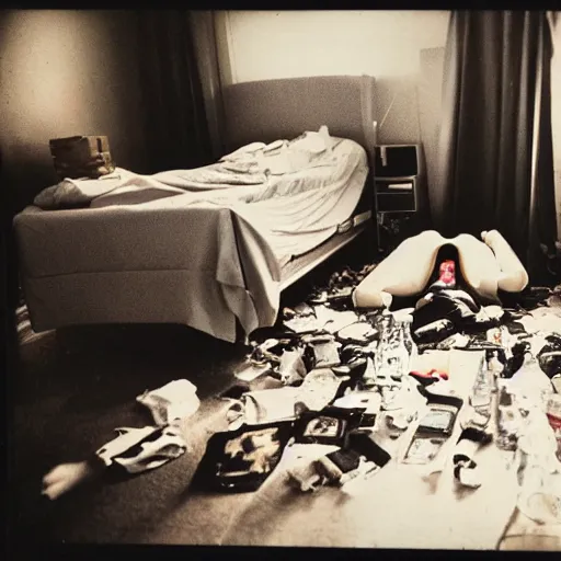 Prompt: Polaroid photo, cinematic tone, A stormtrooper lying on their backs on the floor, cluttered 80s American room, liquor bottles and clothes scattered on the floor