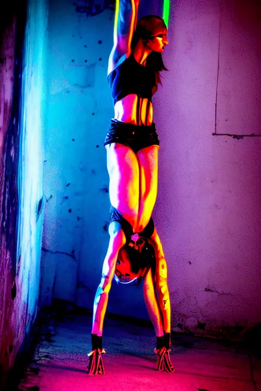 Image similar to buenos aires argentina cyberpunk strong girl, gymnast, sci - fi night neon lights