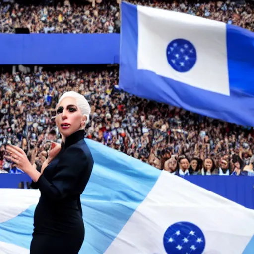 Image similar to Lady Gaga as president, Argentina presidential rally, Argentine flags behind, bokeh, giving a speech, detailed face, Argentina