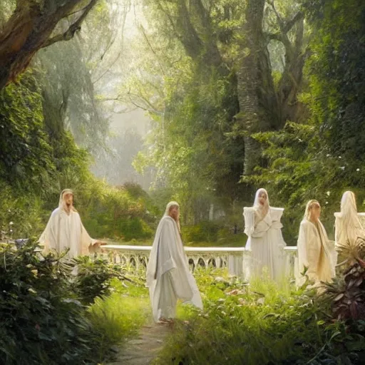 Image similar to white council in rivendel gardens, epic masterpiece of cinematographic hyperrealism, realistic shaded lighting poster by craig mallismo, artgerm, jeremy lipkin and michael garmash, unreal engine, radiant light, detailed and intricate environment, digital art, art station trends