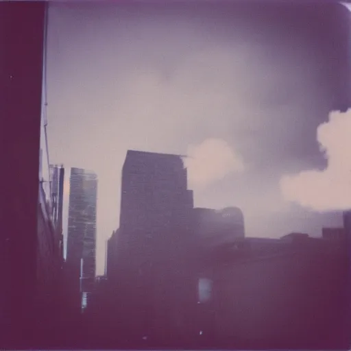 Image similar to instant photograph of a city in 1979, polaroid, raw, light leak, clouds