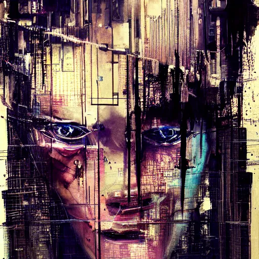 Prompt: portrait of a cyberpunk, wires, machines, in a dark future city by jeremy mann, francis bacon and agnes cecile, ink drips, paint smears, digital glitches glitchart c - 1 0