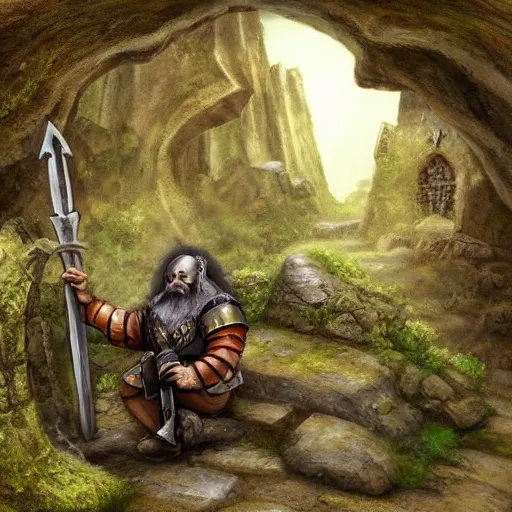 Prompt: A Dwarf clad in armor kneeling down in front of a gravestone near the edge of a cliff overlooking a village, breathtaking shot, award winning, widescreen, fantasy illustration, vivid colors,