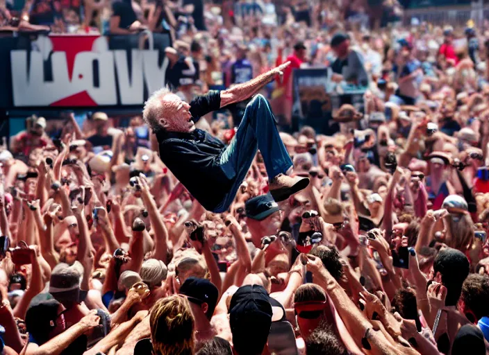 Image similar to photo still of clint eastwood on stage at vans warped tour!!!!!!!! at age 6 8 years old 6 8 years of age!!!!!!!! stage diving into the crowd, 8 k, 8 5 mm f 1. 8, studio lighting, rim light, right side key light