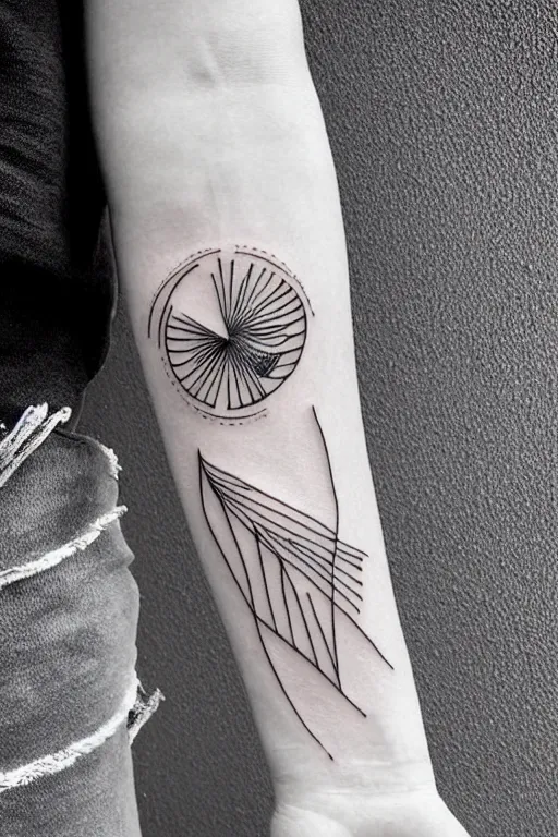 Image similar to a beautiful tattoo design of minimalist flying swallows made with lines and simple shapes, flying into geometric spirals, black ink, abstract logo, line art