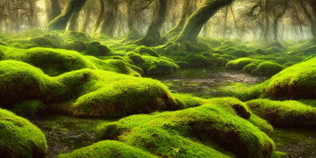 Prompt: gorgeous fields of moss landscape with glistening water, magical forest, brightly colored, magical, fantasy, landscape, beautiful, intricate details, highly detailed, sharp focus, concept art, digital painting, trending on artstation, still, screenshot, photo, photograph, in the style of Manuel Vormwald