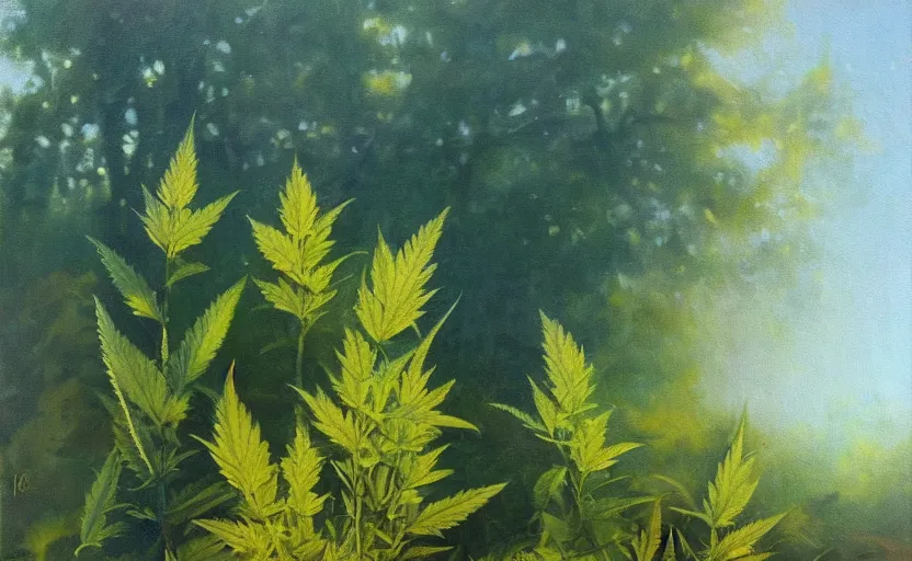 Image similar to oil painting lanscape by anders zorn, nature, leaf bush, marijuana leaves, cannabis flowers backlight, reflections