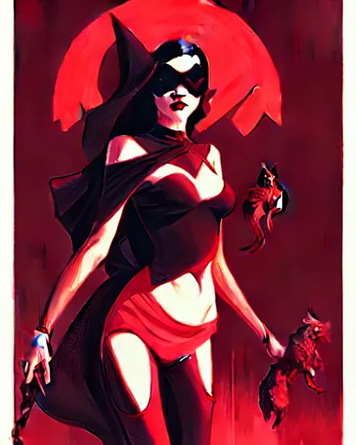 Image similar to rafael albuquerque comic art, peter mohrbacher, phil noto, artgerm, pretty evil elizabeth olson witch, black and red dress, symmetrical eyes