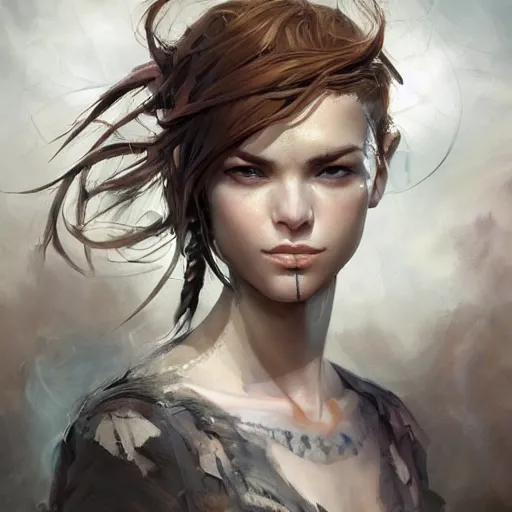 Image similar to A masterpiece portrait of a Incredibly beautiful queer Syberian post apocalyptic shaman girl . medium shot, intricate, elegant, highly detailed. trending on artstation, digital art, by Stanley Artgerm Lau, WLOP, Rossdraws, James Jean, Andrei Riabovitchev, Marc Simonetti, Yoshitaka Amano