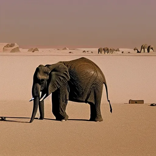 Prompt: photo of elephant on the background of mos eisley on tatooine, 5 0 mm, beautiful photo