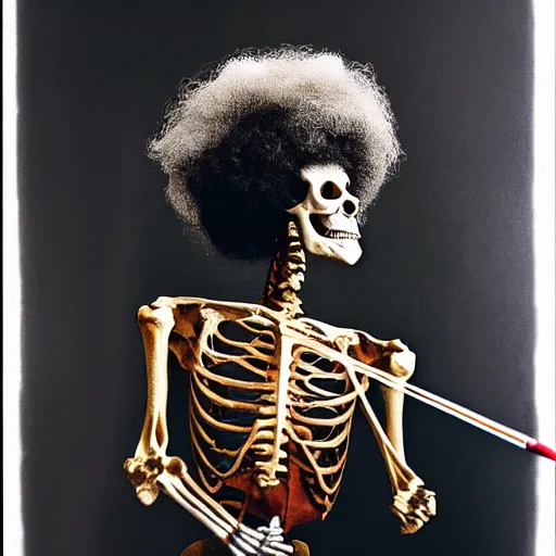 Image similar to portrait photograph, Realistic Skeleton wearing an afro wig and playing the violin