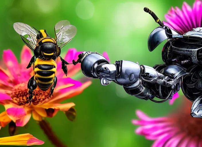 Image similar to super macro of an robotic mechanical cyborg bee drinking from a flower in the forest. fantasy magic style. highly detailed 8 k. intricate. nikon d 8 5 0 3 0 0 mm. award winning photography.