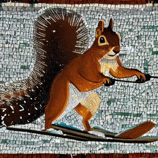 Prompt: a squirrel skiing on the surface of ice with funny motion, in the style of Roman mosaic