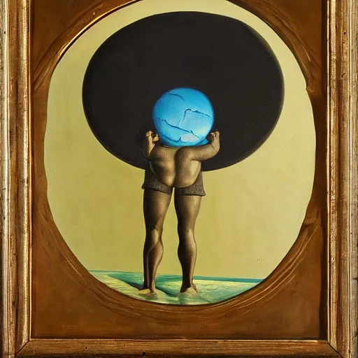 Image similar to a surrealist oil painting of a black man depicted as atlas, struggling to continue carrying the weight of the world, in the style of jean - marquett