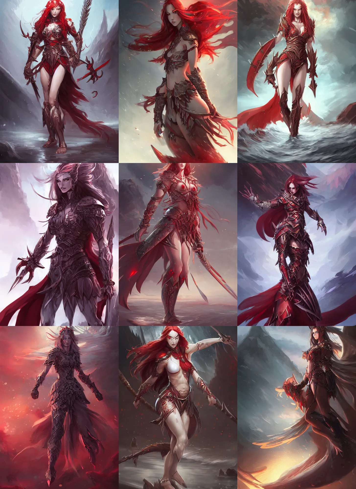 Prompt: beautiful warrior lady walking on water, red long hair, practical armor, shiny white skin, demonic eyes, low fantasy, extremely detailed, sharp focus, smooth, digital illustration, by rossdraws, frank franzzeta, sakimichan