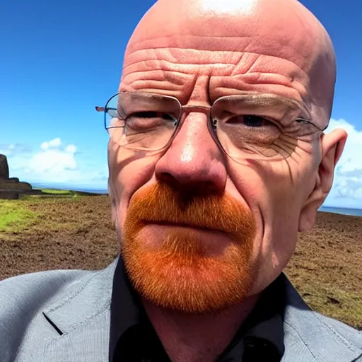 Image similar to walter white taking a selfie on rapa nui, moai